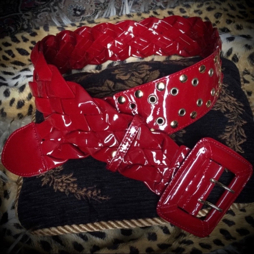 Wide Glossy Red Braided Studded Belt size M